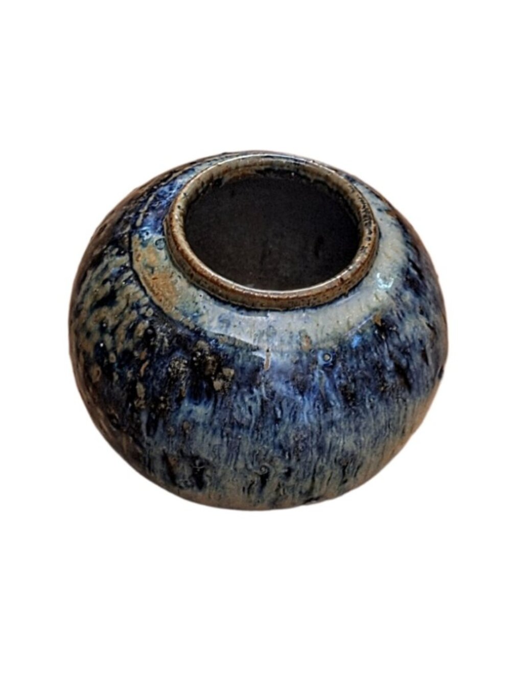 Vintage Hand Thrown Studio Pottery Fat Vase Blue Brown Dripped Glazed Stoneware